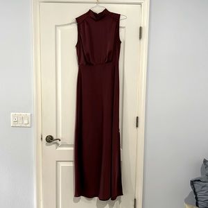 Lulus Classic Elegance Wine Satin Sleeveless Mock Neck Maxi Dress